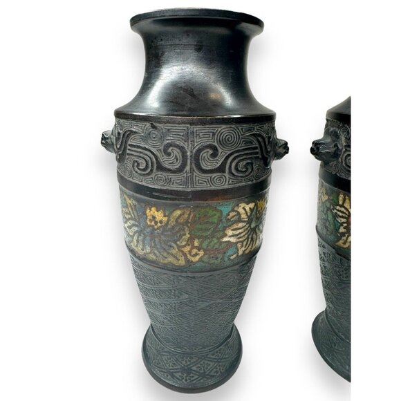 Antique Chinese Cloissone Bronze Vases Set Of 2 - Picture 6 of 16